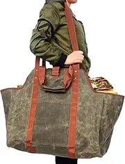 Green Leather Indoor Fireplace Log Holder - Wood Carrier for Firewood Rack & Tote