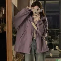 在飛比找蝦皮購物優惠-韓國衣服 外套 棒球外套 美式外套 紫色 衝鋒衣 黑色外套 