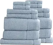 [RENEE TAYLOR] Cambridge Waffle 650 GSM Textured Bath Towel 14-Pieces Set, Blue Mirage