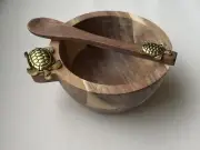 TURTLE Gold Acacia Wooden Bowl Spoon set gold Turtle Decorative Gift NEW