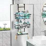 Over the Door Shower Caddy, 3 Tier Hanging Shower Organizer, Metal Hanging Shower Caddy Shower Shelf with Soap Holder and 16 Hooks, Rustproof Bathroom Shower Storage Rack Basket, No Drilling, Black