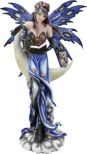 Ebros Fantasy Celestial Bookworm Fairy Carrying Lantern and Owl Sitting on Cresc