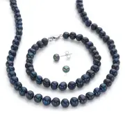 Genuine Black Cultured Pearl Silvertone Earring, Necklace and Bracelet Set 18"