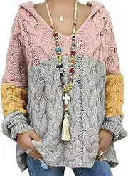 [Generic] Off-White Hooded V-Neck Cable Knit Sweater with Chunky Braided Pattern and Ribbed Cuffs/Hem for Casual Style