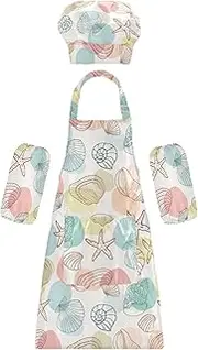 AIXIWAWA Kids Apron Chef Hat Set, Child Kitchen Bib Aprons Adjustable for Cooking Baking Painting (Undersea Shells)