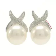 14k Solid White Gold Diamond; Genuine White Cultured Pearl Stud Earrings TPJ