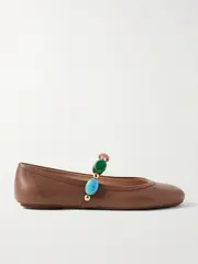[Gianvito Rossi] Gianvito Rossi - Shanti Embellished Leather Mary Jane Ballet Flats - Tan - IT42 IT 42 Brown