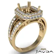 Emerald Cut Semi Mount Halo Pave Diamond Engagement Ring 14k Yellow Gold 0.84Ctw