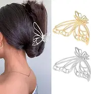 Brinie Gold Metal Hair Claw Clips Butterfly Hair Clips Medium Hair Claw Clamps Nonslip Hollow Jaw Hair Clips Hair Accessories for Women and Girls (Pack of 2)