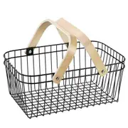 Black Wire Storage Basket w/Wooden Handle Food Fruit Veggie Organizer