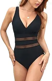 [Husmeu] Women's Tummy Control One Piece Swimsuits V Neck Mesh Monokini Swimwear Slimming Bathing Suit Plus Size