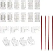 Clearhill 8mm 2Pin 24Pcs Transparent Solderless COB LED Strip Connector Corner Kit,Strip to Wire 4PCS,Strip to Strip 12PCS,L-Shape 4PCS,Red and Black Wire 4PCS,for 5V 12V 24V LED Strips