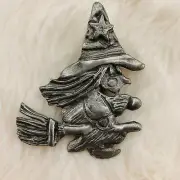 Vtg Halloween Witch on Flying Broom & Pointy Hat Pewter Lapel Pin