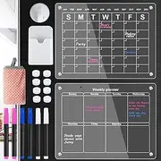 Acrylic Magnetic Fridge Calendar 2pcs Clear Monthly and Weekly Planner Board for Fridge 15.8" x 11.8" Reusable Whiteboard