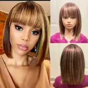 Handmade human hair blondish bang wig. Colors 30 & 27 mix.