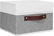 [ANMINY] Storage Boxes with Lids Washable Decorative Storage Bins Basket with PU Leather Handle Foldable Linen Fabric Storage Cubes Containers for Home Closet Organizer - Gray White, Small Size