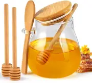 No Drip with Spoon, 12 Oz Honey Jar with Lid and 3 Extra Dippers, Clear Glass Ho