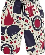 [GuoChe] Swim Trunks for Mens Red Blue Barbecue Icons Quick Dry Beachwear Board Shorts Mens Swim Trunk Pants with Mesh Lining