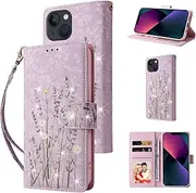 [UEEBAI] Wallet Case for iPhone 13 6.1 inch, PU Leather Phone Case Kickstand RFID Blocking Flip Case with Card Slots Wrist Strap Relief Engraved Pattern Magnetic Closure Folio Case, Pansy