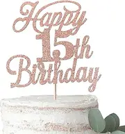 Rsstarxi 1 Pack Happy 15th Birthday Cake Topper Glitter 15 & Fabulous Cheers to 15 Years Old Birthday Cake Pick for Celebrating 15th Birthday Anniversary Party Cake Decorations Supplies Rose Gold