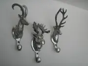 Aluminium wall mount Stag head Moose & Ibex coat hooks set of 3 pieces *