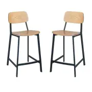 Set of 2 - Espriit Enfys Industrial Bar Stool 65cm - Black Frame - Natural Oak Back - Natural Veneer Seat