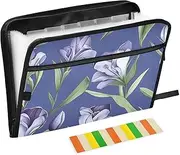Violet Flowers Green Leaves Accordion Folder 13 Pockets A4 Letter Size Folders for Documents with Zipper Closure Expansion File Folder for Home Office Travel