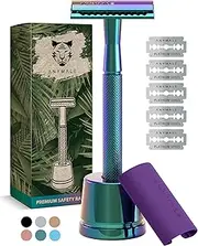 ANYMALE® Sustainable Rainbow Edition Safety Razor - Set with Stand and 5 ASTRA Blades - Metal Safety Razor - Includes Practical Blade Guard