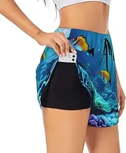 [WURTON] Tranquil Underwater Scenery Print Exercise Gym Workout Shorts Women's Athletic Shorts Dual-Layered Yoga Running Shorts