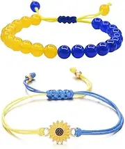 [Pingyongchang] Ukraine Flag Bracelet with Natural Crystal Bracelet Adjustable Bangles Set Ukrainian Yellow Blue Bracelet Hand Braided Bracelet for Men Women Kids Unisex