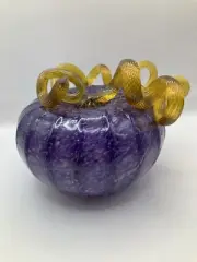 2010 Lisa Aronzon Art Glass Pumpkin Purple Twisted Yellow Stem Hand Blown