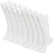 [ZOCONE] 4 Pairs White Knee High Socks Girls Long School Socks, Back to School Uniform Socks White School Socks Girls with Bow, Long White Socks Girls Cotton Mid Calf Socks for 8-12 Years, UK 12-3,