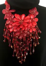 NATURAL STONE CRYSTAL BIB NECKLACE RED CORAL AGATE HANDMADE HANDCUT