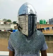 Medieval Knight Bascinet Helmet with Chainmail - Steel Armor, LARP Cosplay