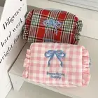 Ruffle Edge Women Cosmetic Bag Bow Embroidered Checkered Coin Purse