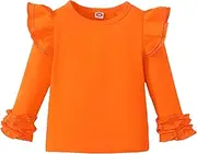 [Sanpersonlin] Toddler Baby Girl Solid Color T-Shirt Kids Blouse Plain Ruffle Sleeve Top Cotton Casual Clothes