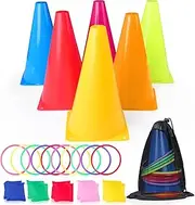 3 in 1 Carnival Outdoor Games Combo Set, Cornhole Bean Bags Ring Toss Game for Kids Adults Birthday Party Backyard Games Obstacle Course Supplies Plastic Cone Set 26 Piece