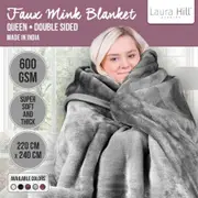 LAURA HILL 600GSM DOUBLE-SIDED QUEEN SIZE FAUX MINK BLANKET - PEWTER SILVER