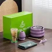 7Pcs Japanese Matcha Tea Set, Matcha Kit with Matcha Bowl (with Pouring Spout), Matcha Whisk, Whisk Holder, Strainer - Elegant Matcha Set for Gifting and Personal Use, Gift Box Packaging (Purple;)
