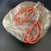 Native Red Coral Heishi Tube Liquid Sterling Silver Dangle Earrings 2" 4399