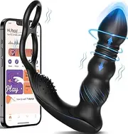 Thrusting Vibrator Prostate Massager with 2 Vibrating Cock Ring, App & Remote Control Plug with 10 Thrusting & Vibrating Modes, Dildo Butt Plug Sex Toys for Men and Couple Pleasure