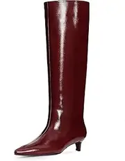 [COMJUY] Kitten Heel Knee High Boots for Women, 1.5-in Stiletto Low Heel Long Boots Women Knee High, Womens Pull on Pointed Toe Tall Boots, Below the Knee Boots Faux Leather
