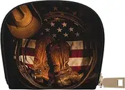 [JEJEA] American Flag with Cowboy Boots Print Credit Card Holder Wallet, Small Card Holder Wallet with Zipper,Leather Card Holder, White, One Size