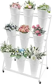 3 - Tier Flower Display Stand with 9 Buckets, Heavy Duty Moving Flower Cart with 4 Wheels for Flower Shops, Wrought Iron Florist Shelf, Giant Flowers with Stems Display Stands for Patio Balcony Garden
