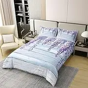 Purple Wisteria Duvet Cover 100% Cotton Twin Size,Rustic Farmhouse Garden Floral Bedding Bedding Set for Kids Teens,Vintage Light Blue Wooden Plank Comforter Bedspread Cover,2Pcs