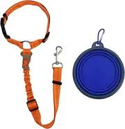 Castaic 2-in-1 Dog Seat Belt and Leash, 1 Pack Pet Safe Guard Car Seat Belt with Portable Bowl, Adjustable Seatbelt Headrest with Nylon Fabric Reflective Stripe (1 Orange Seatbelt 1 Blue Bowl)