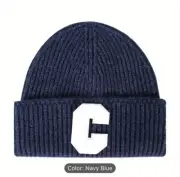 Letter “C” Patched Winter Knit Hat, Navy Blue, Unisex Warm Cuff Benie Hat