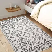 Moroccan Living Room Rugs - 80x120cm Abstract Geometric Carpet - Non-Slip Ivory/Black