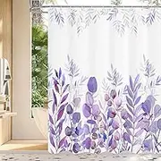 Eucalyptus Shower Curtain Polyester Plant Leaf Bath Curtain Waterproof Botanical Shower Curtain with 12 Hook Ring Artistic Watercolor Leaf Shower Curtain for Bathroom Home (Purple)