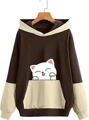 [DuBom] with Cute Cat Printed Hoodies Fall Sweaters for Women Teens Kawaii Pullover Hooded Loose Plus Size Color Block Sweatshirts Zip up Hoodie Dress